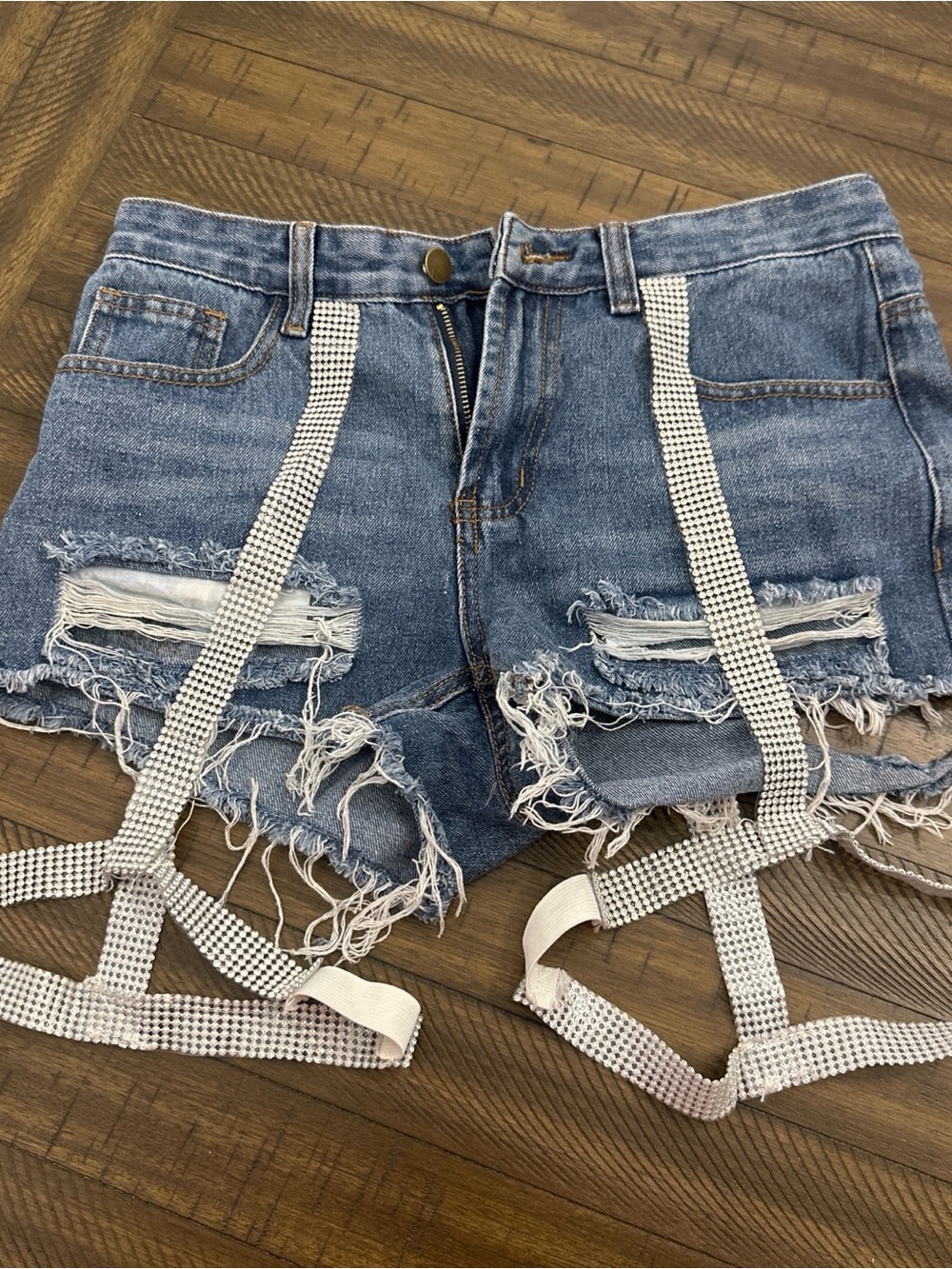 Fashion Nova Distressed Blue Denim Jean Shorts with Rhinestone Harness